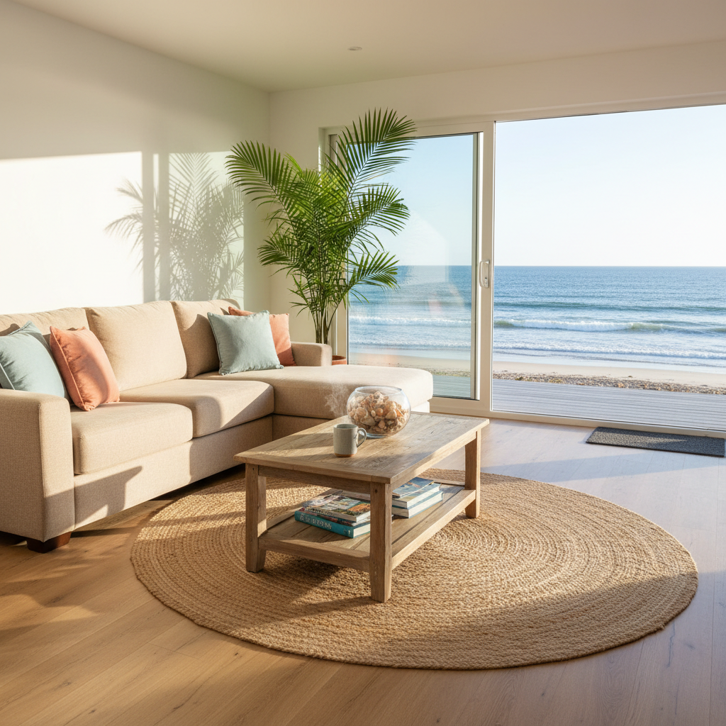 A bright, sunlit coastal living room in a family-friendly vacation rental, featuring a plush sand-colored sectional sofa with soft woven texture, a low reclaimed-wood coffee table, and a large sliding glass door opening to a distant ocean view. Natural morning light spills across a light oak floor, casting gentle shadows from a tall indoor palm and a woven jute rug. Decorative accents include a bowl of seashells and neatly stacked travel guidebooks. Photographic realism at eye level with a wide-angle lens, sharp focus throughout, clean and modern composition using the rule of thirds to emphasize both the cozy interior and the inviting outdoor scenery, creating a calm, professional, and welcoming atmosphere.