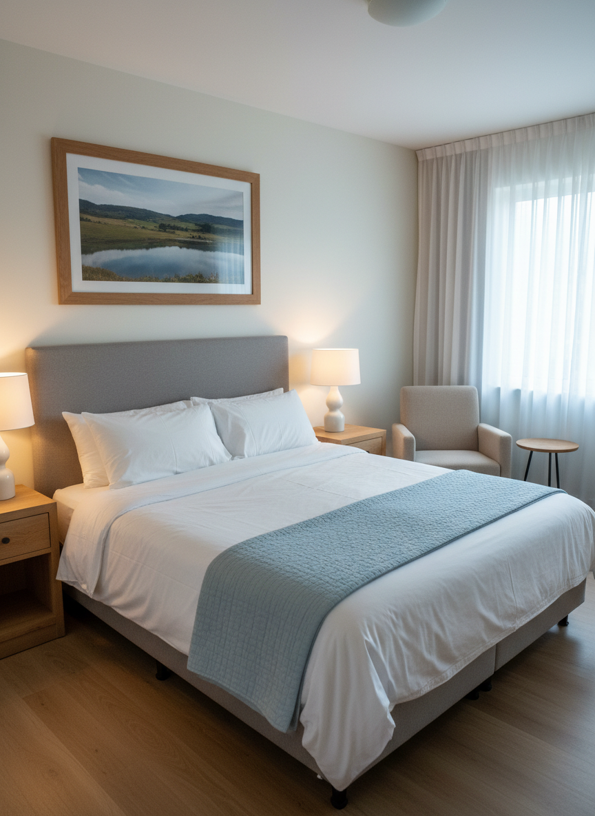 A perfectly made king-size bed in a serene vacation rental bedroom, dressed in crisp white cotton linens with a subtle sateen sheen and a pale blue quilt folded at the foot. Two symmetrical natural-wood nightstands hold simple ceramic lamps with warm, diffused light, balancing the cool daylight streaming through a large window with sheer curtains. A framed landscape photograph hangs above the upholstered headboard in soft gray. Shot in photographic realism from a slightly elevated angle, with a clean, uncluttered composition and sharp focus, the room feels peaceful, hygienic, and family-friendly, emphasizing comfort and rest in a desirable, upscale rental property.