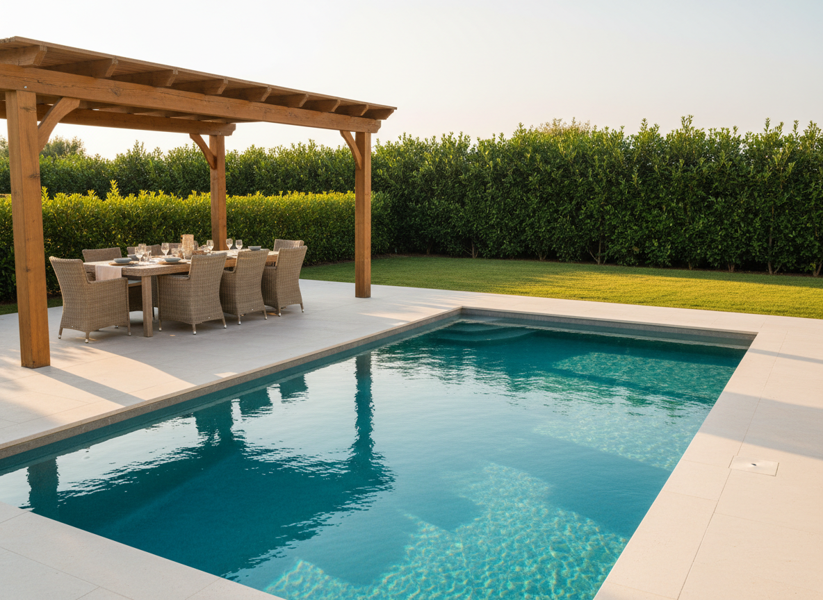 A sun-drenched backyard of a vacation rental home, featuring a sparkling rectangular swimming pool with crystal-clear turquoise water, surrounded by smooth light stone pavers. A sturdy wooden pergola shades an outdoor dining table set with neutral-toned dinnerware and a simple linen runner. Beyond, a manicured lawn stretches towards a row of lush privacy hedges. Late afternoon golden hour light creates warm highlights on the water’s ripples and gentle shadows under the pergola. Photographic realism from a slightly elevated perspective, with balanced composition that leads the eye from pool to dining area to greenery, conveying a relaxed yet refined atmosphere perfect for family-friendly outdoor living.