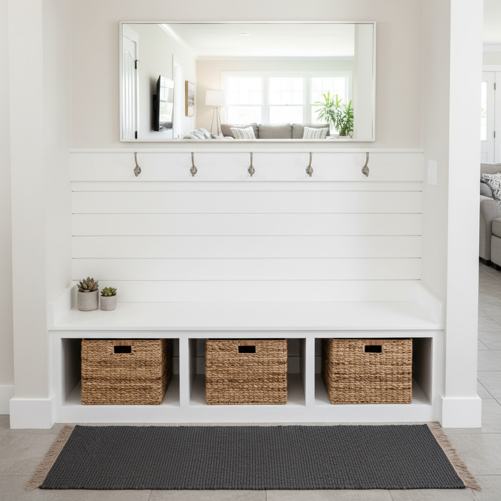 A neatly organized entryway in a vacation rental, featuring a built-in white bench with cubbies holding woven storage baskets, and a row of brushed-nickel hooks above. A large, frameless mirror reflects soft daylight from an adjacent room, brightening the space. The floor is covered in durable light gray tile with a subtle pattern, and a simple, dark charcoal runner adds contrast. Photographic realism from a straight-on eye-level perspective, with a clean, symmetric composition and sharp detail. The lighting is bright but diffused, creating a welcoming, professional atmosphere that emphasizes practicality, cleanliness, and family-friendly convenience in a desirable rental property.