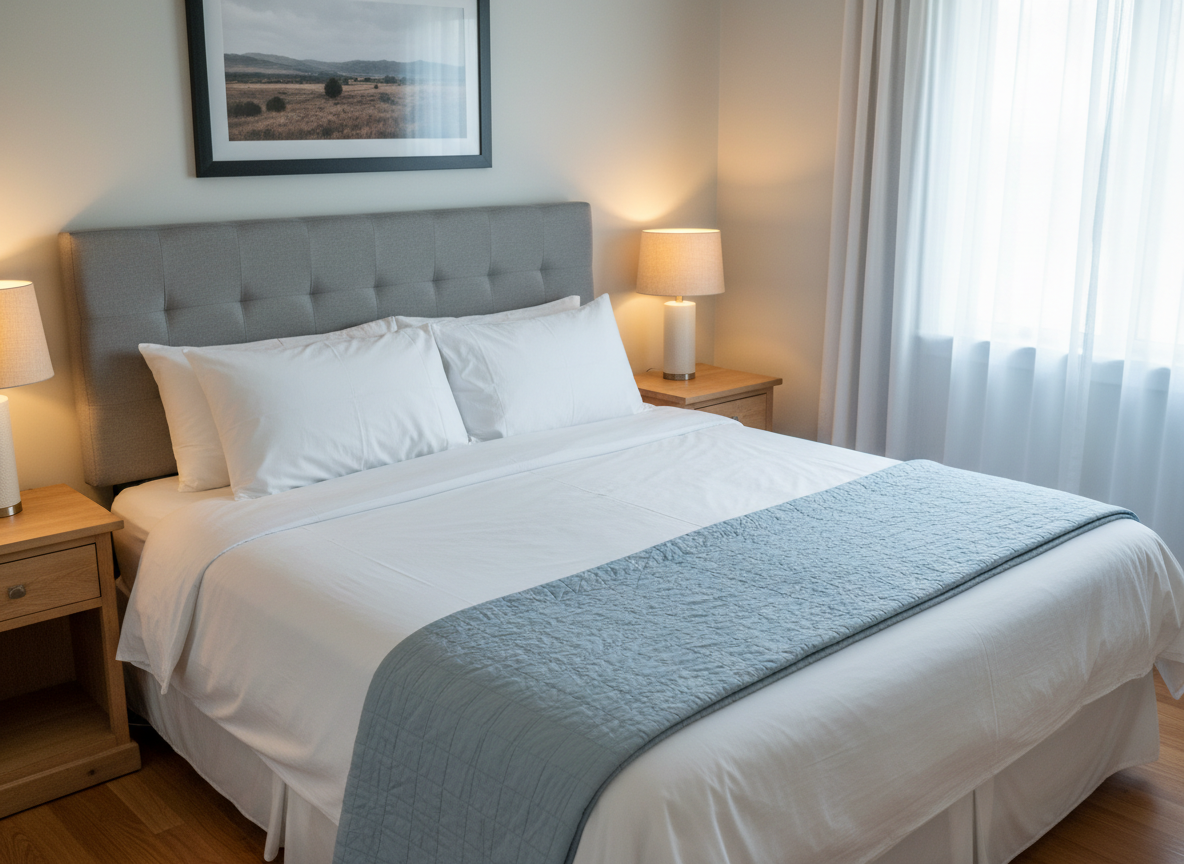A perfectly made king-size bed in a serene vacation rental bedroom, dressed in crisp white cotton linens with a subtle sateen sheen and a pale blue quilt folded at the foot. Two symmetrical natural-wood nightstands hold simple ceramic lamps with warm, diffused light, balancing the cool daylight streaming through a large window with sheer curtains. A framed landscape photograph hangs above the upholstered headboard in soft gray. Shot in photographic realism from a slightly elevated angle, with a clean, uncluttered composition and sharp focus, the room feels peaceful, hygienic, and family-friendly, emphasizing comfort and rest in a desirable, upscale rental property.
