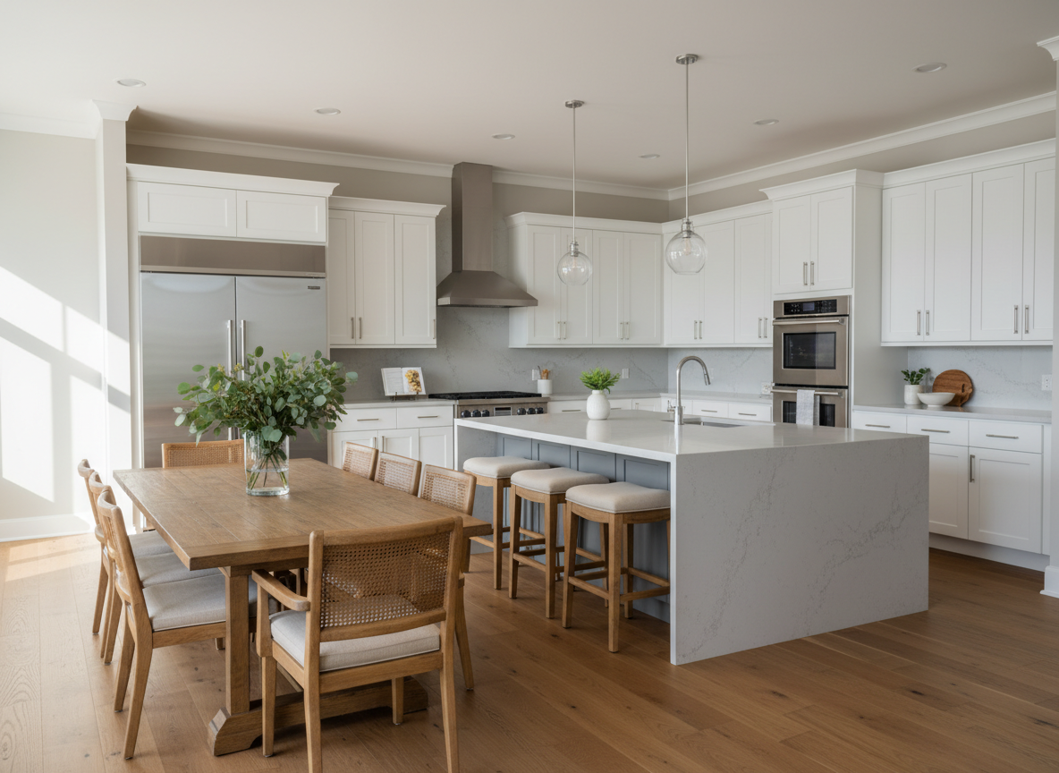 A spacious open-concept vacation rental kitchen and dining area, showcasing gleaming white shaker cabinets, a light gray quartz island with waterfall edge, and stainless steel appliances. Four sturdy oak barstools with fabric seats are neatly tucked under the island, while a large wooden dining table sits nearby with a simple centerpiece of fresh green foliage in a clear glass vase. Soft afternoon light enters through unseen windows, creating subtle reflections on the countertop and casting gentle, elongated shadows on the wide-plank hardwood floor. Captured in photographic realism with a wide-angle lens at eye level, the composition highlights flow and functionality, conveying a professional, family-ready space ideal for shared meals and gatherings.