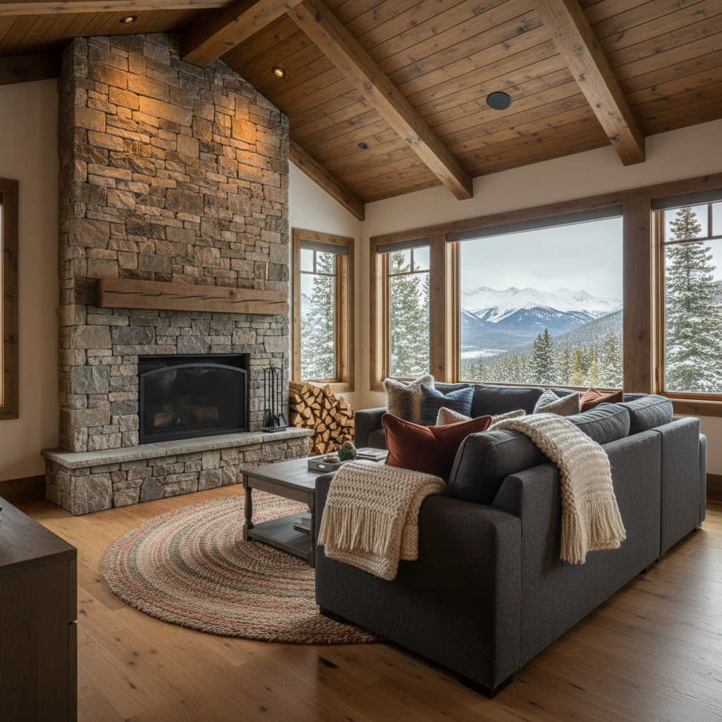 A cozy mountain cabin-style vacation rental living space, centered around a floor-to-ceiling stone fireplace with a neatly stacked pile of firewood and a simple matte-black fire screen. A deep charcoal-gray sofa with textured throw blankets faces the fireplace, while large windows frame distant snow-dusted pines. Soft, diffused daylight mixes with the warm glow from recessed ceiling lights, creating gentle contrast and inviting shadows on the natural wood floors and beams. Photographic realism at eye level with a slightly tightened field of view, emphasizing textures of stone, wood, and fabric. The mood is snug, professional, and upscale, ideal for showcasing a desirable, family-oriented mountain getaway.