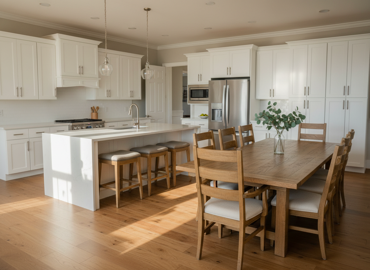 A spacious open-concept vacation rental kitchen and dining area, showcasing gleaming white shaker cabinets, a light gray quartz island with waterfall edge, and stainless steel appliances. Four sturdy oak barstools with fabric seats are neatly tucked under the island, while a large wooden dining table sits nearby with a simple centerpiece of fresh green foliage in a clear glass vase. Soft afternoon light enters through unseen windows, creating subtle reflections on the countertop and casting gentle, elongated shadows on the wide-plank hardwood floor. Captured in photographic realism with a wide-angle lens at eye level, the composition highlights flow and functionality, conveying a professional, family-ready space ideal for shared meals and gatherings.